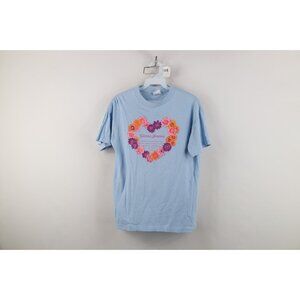 Vintage 90s Guess Womens Medium Faded Spell Out Heart Flower T-Shirt Blue USA